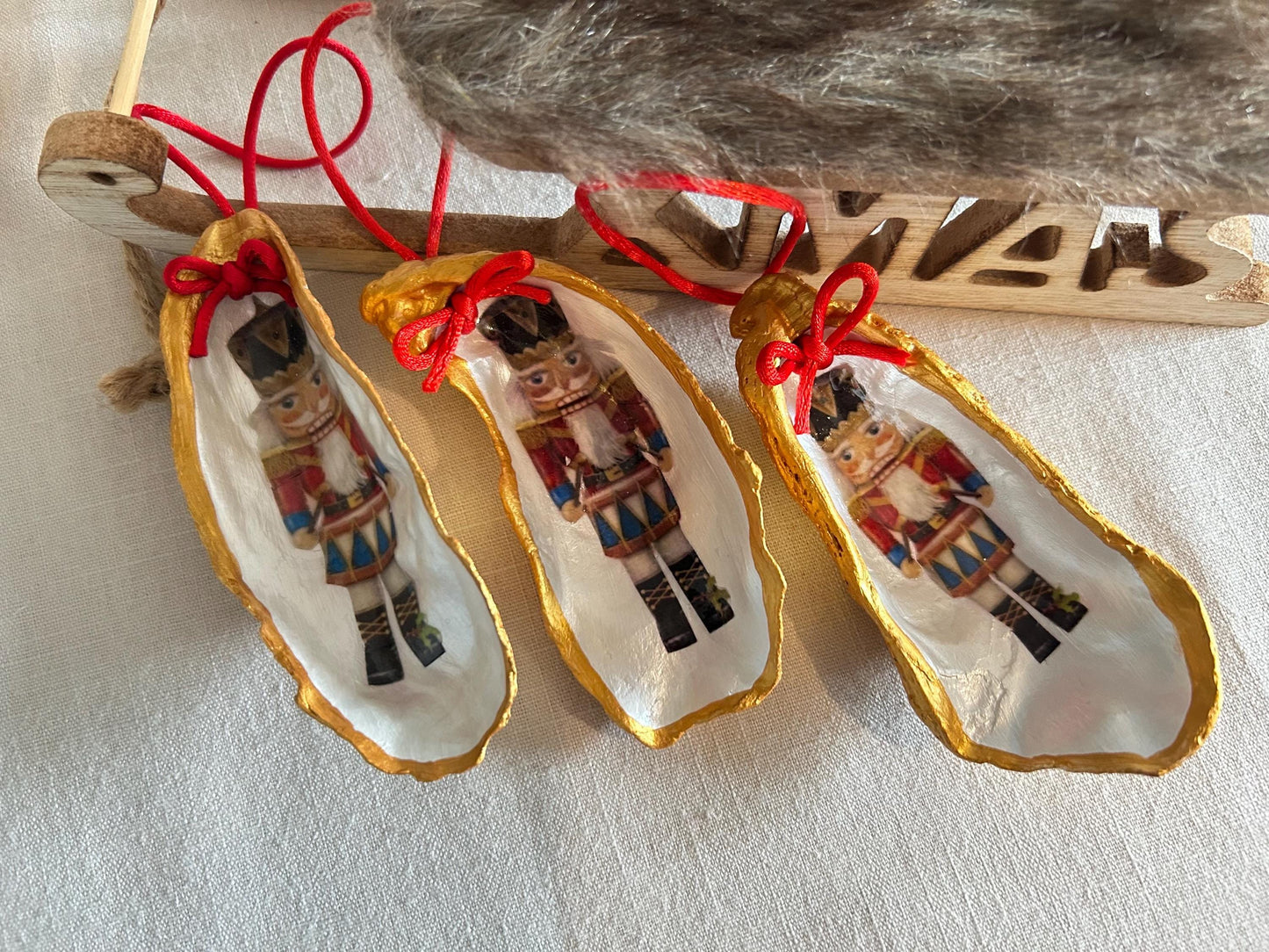 Personalised Nutcracker Oyster Shell Hanging Bauble. Festive Gold Christmas Soldier Tree Decoration.