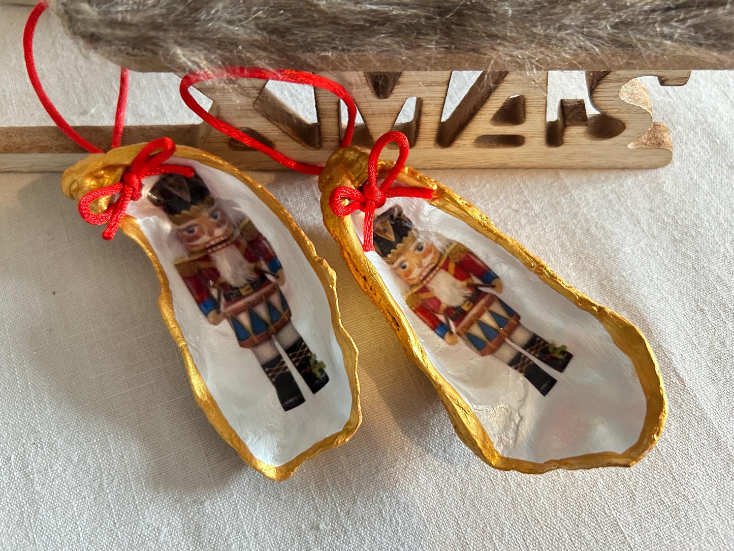 Personalised Nutcracker Oyster Shell Hanging Bauble. Festive Gold Christmas Soldier Tree Decoration.