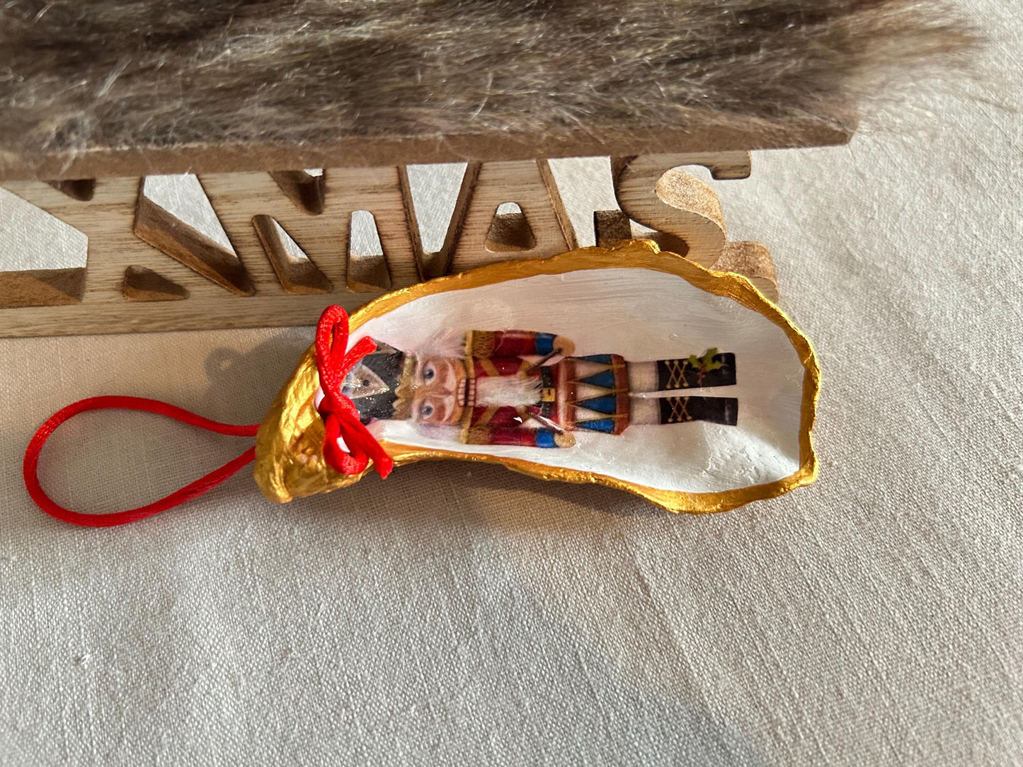 Personalised Nutcracker Oyster Shell Hanging Bauble. Festive Gold Christmas Soldier Tree Decoration.