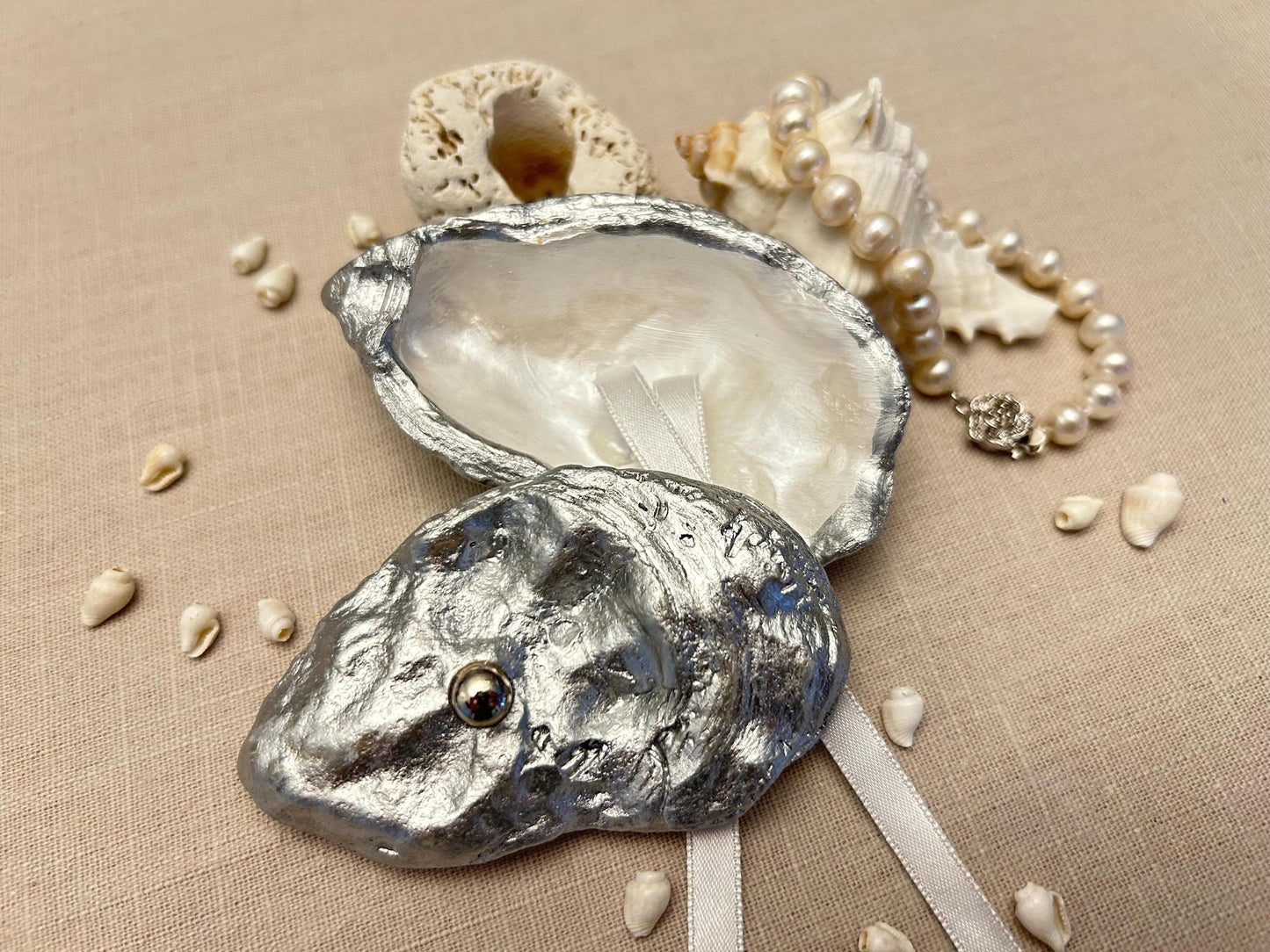 Silver Oyster Shell Ring Box. Beach Wedding Ring Bearer Holder.