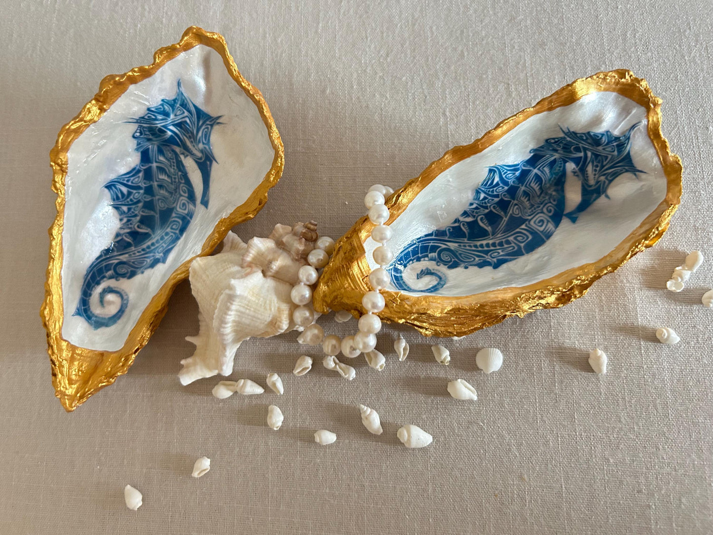 Seahorse oyster shell decorative dish. Bathroom sea-life accessory. Blue and gold seahorse gift. Nautical beach storage, bathroom ring dish.