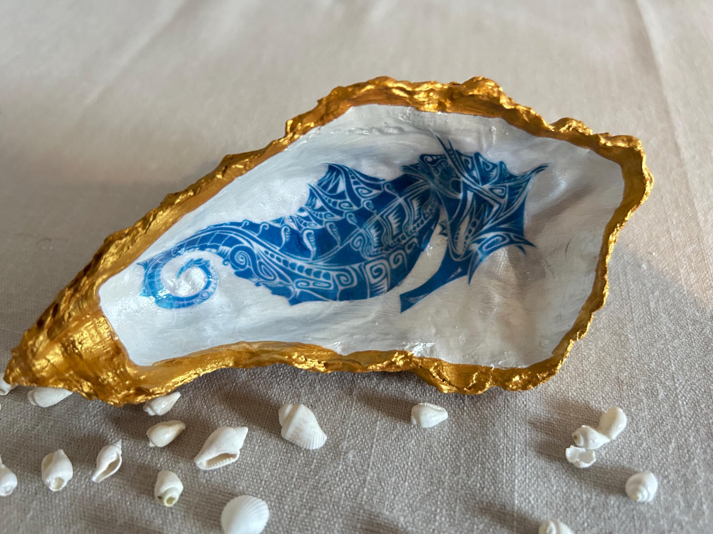 Seahorse oyster shell decorative dish. Bathroom sea-life accessory. Blue and gold seahorse gift. Nautical beach storage, bathroom ring dish.