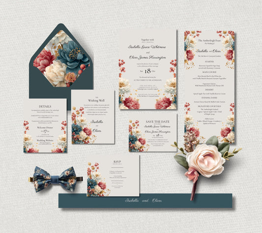 Autumn Wedding Invitation Bundle. Fall Floral Template. Customisable Digital Download Suite.