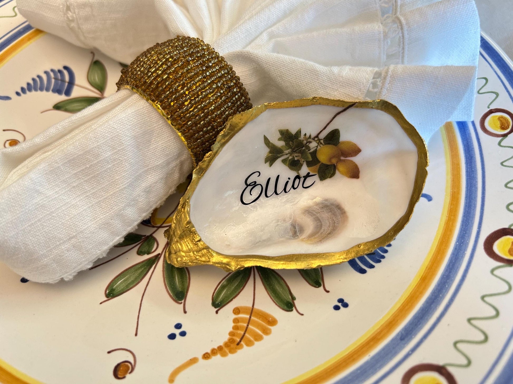 Lemon Oyster Shell Wedding Place setting. Personalisec Wedding Favor Name Card.