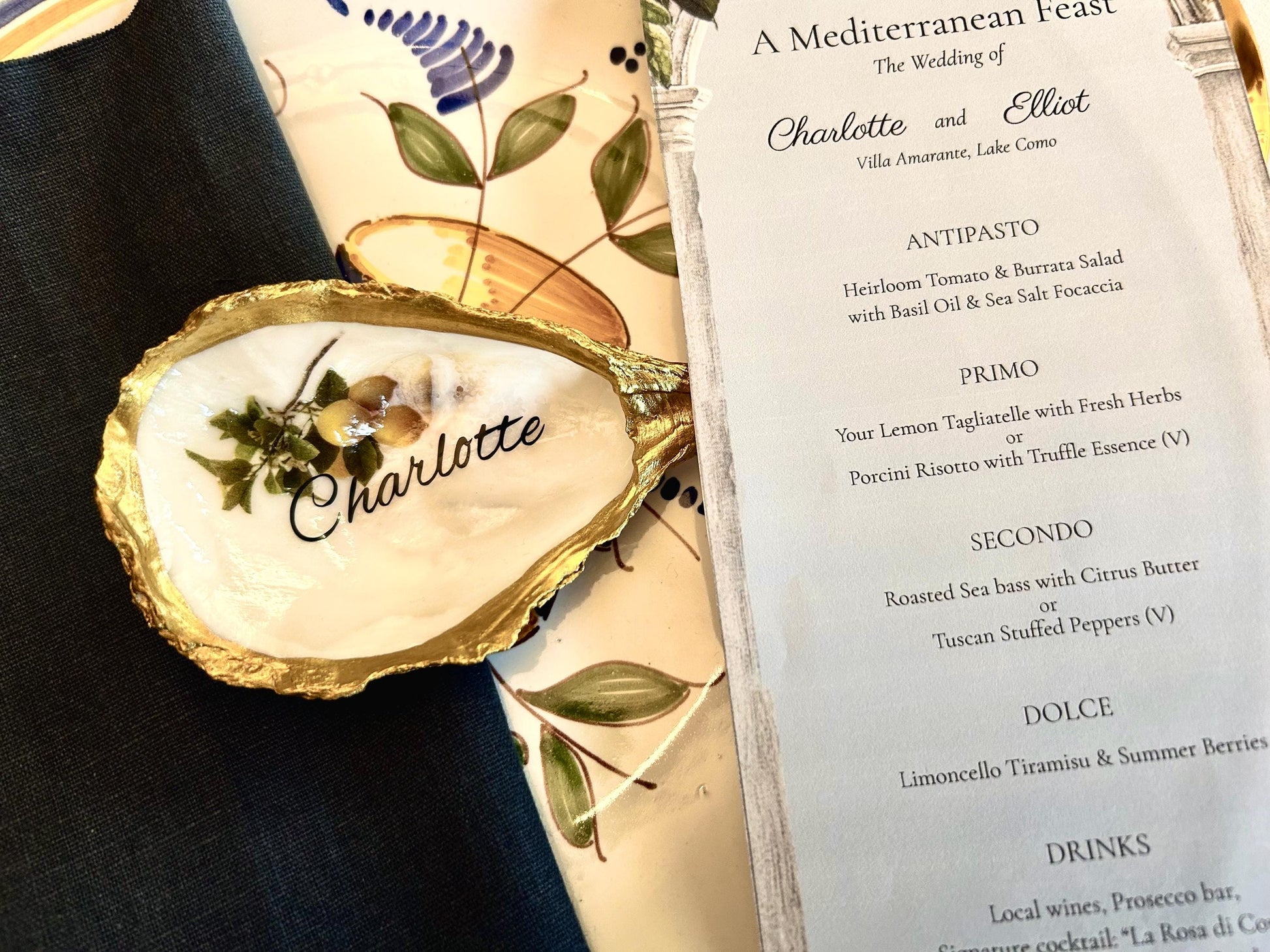 Lemon Oyster Shell Wedding Place setting. Personalisec Wedding Favor Name Card.