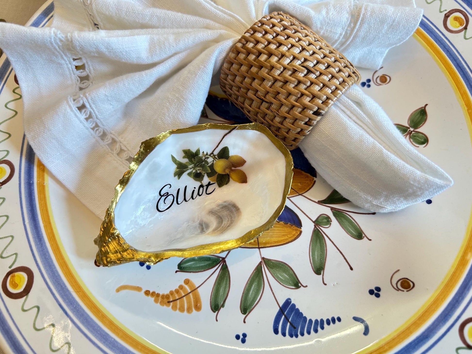 Lemon Oyster Shell Wedding Place setting. Personalisec Wedding Favor Name Card.