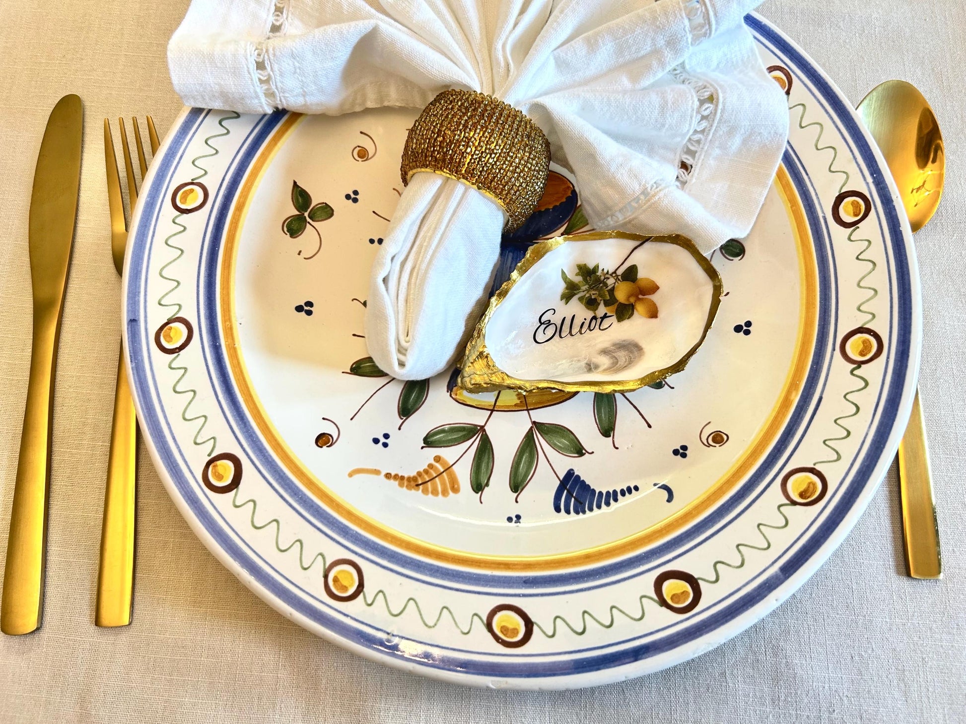 Lemon Oyster Shell Wedding Place setting. Personalisec Wedding Favor Name Card.