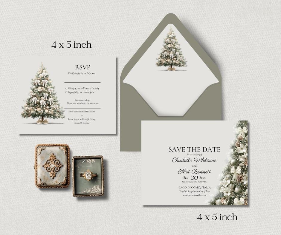 Winter Wedding Invitation Bundle. Christmas Tree Wedding Suite. Holiday Celebration Digital Download Template.