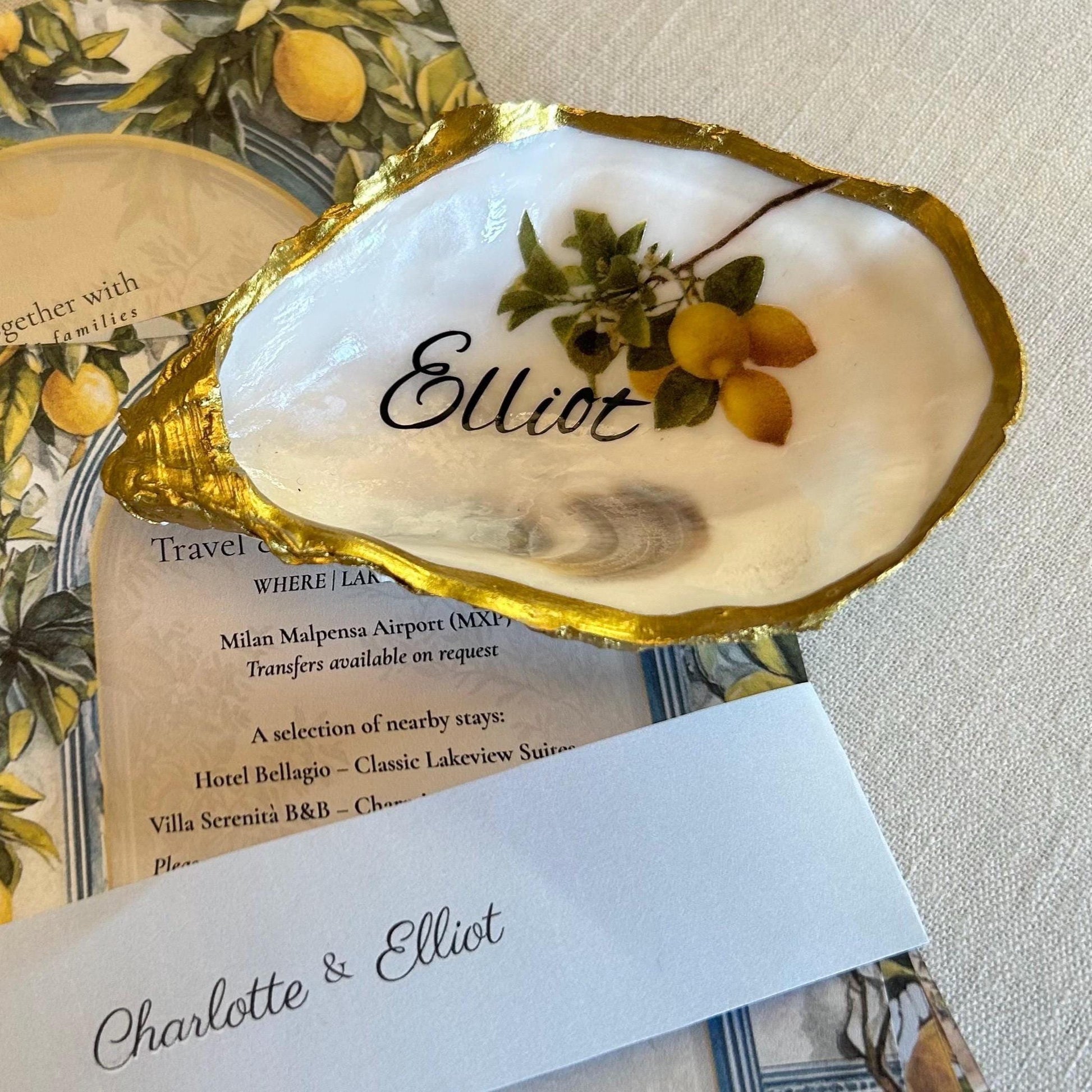 Lemon Oyster Shell Wedding Place setting. Personalisec Wedding Favor Name Card.