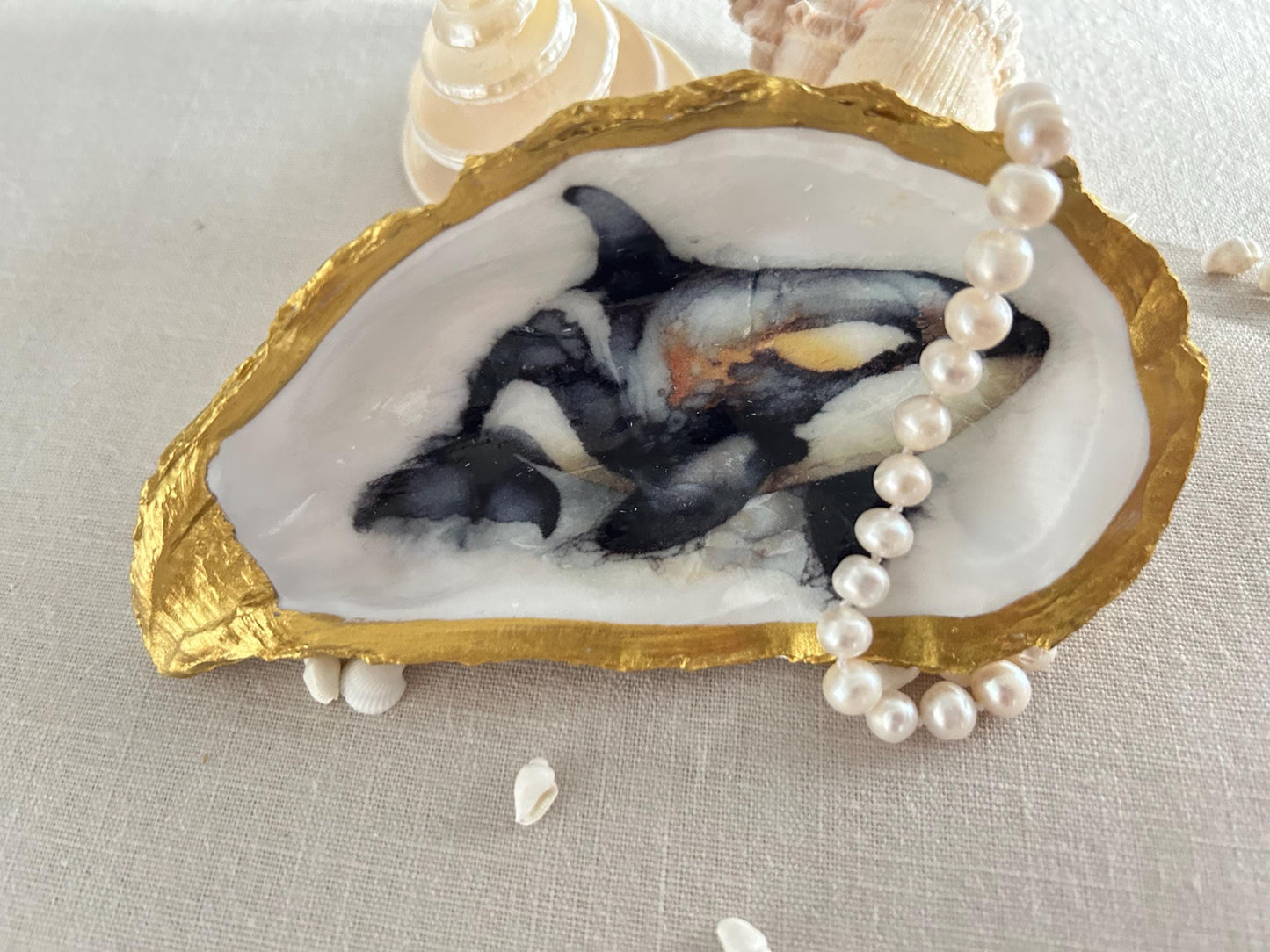 Gold Oyster Shell Dish. Decoupaged Orca Whale Jewellery Holder.