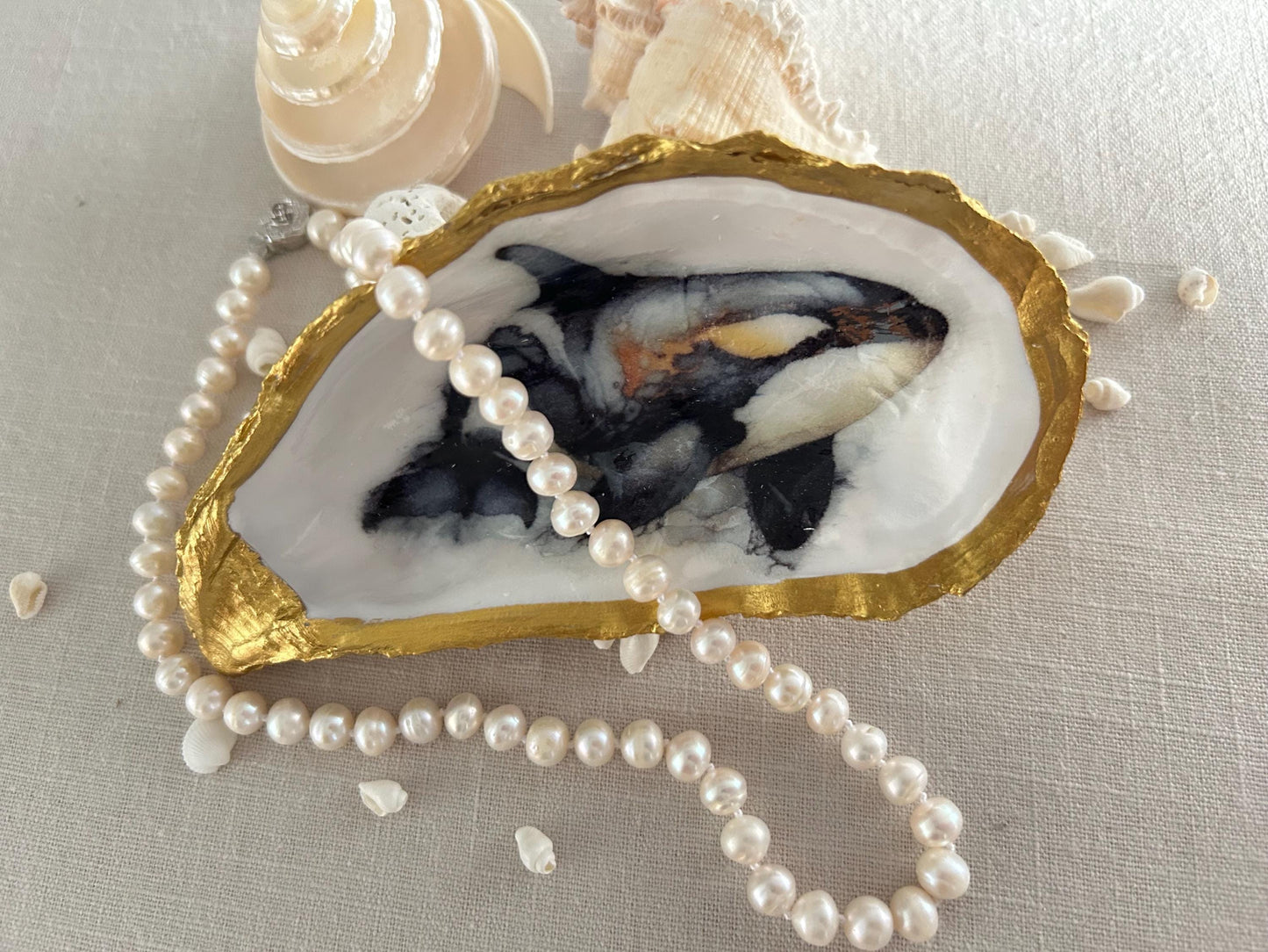 Gold Oyster Shell Dish. Decoupaged Orca Whale Jewellery Holder.