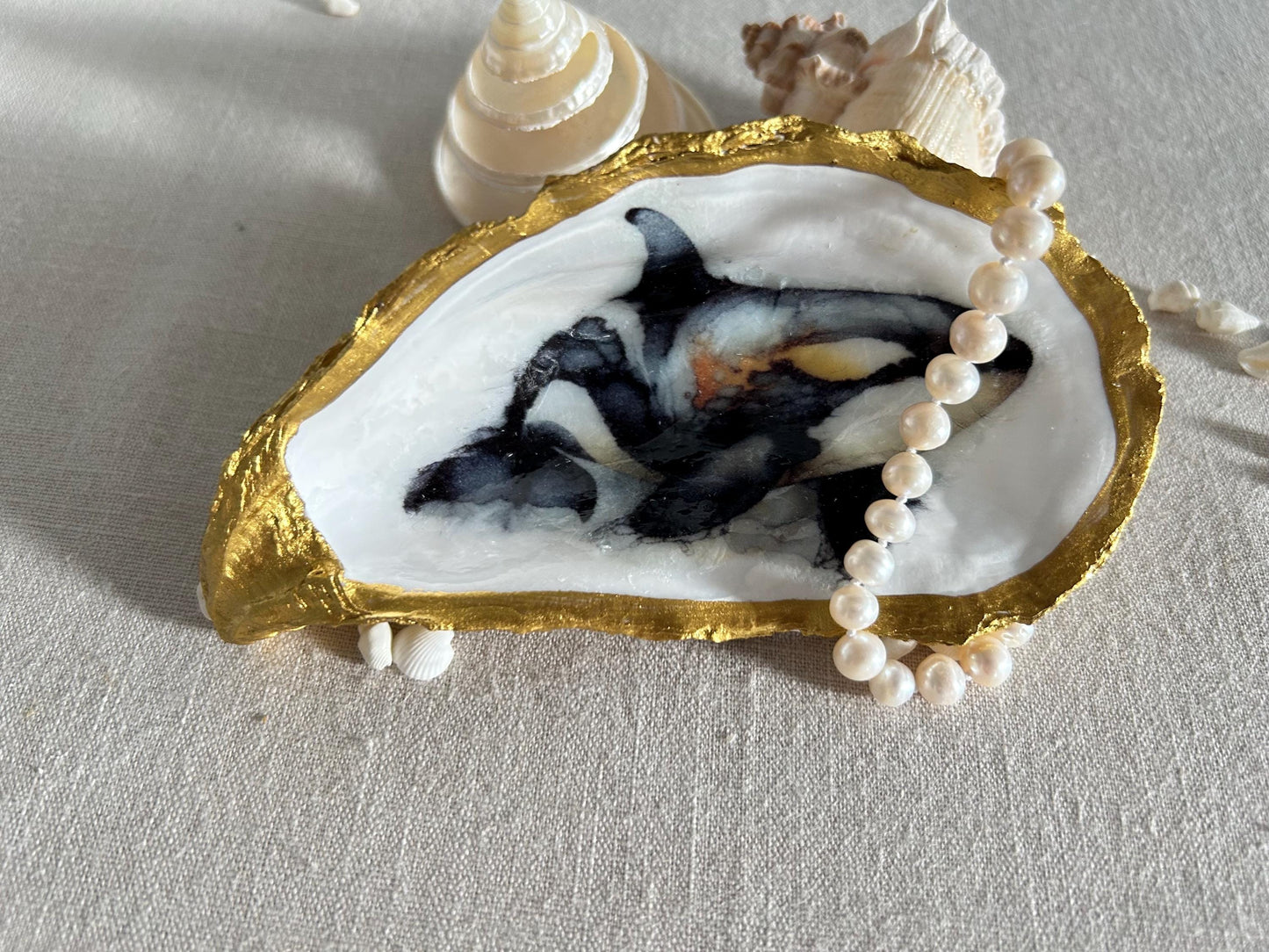 Gold Oyster Shell Dish. Decoupaged Orca Whale Jewellery Holder.