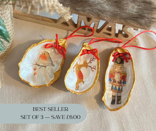 Christmas Tree Ornament Set. Oyster Shell Decorations. Handmade Coastal Holiday Decor.