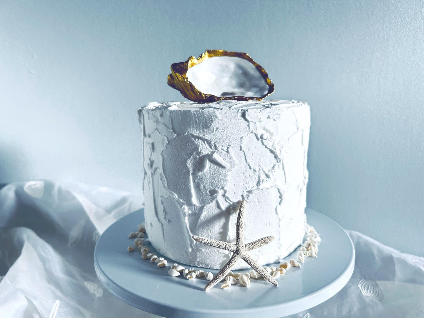 Personalised Gold Oyster Shell Topper. Small Wedding cake Decor. Last Toast on the Coast Party.