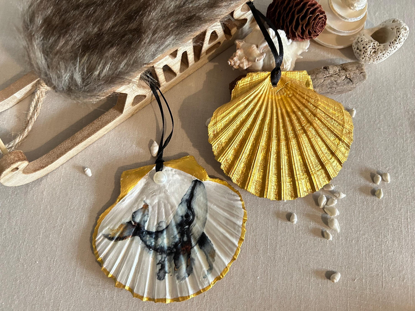 Coastal Christmas Tree Decorations. Octopus and Whale Scallop Shell Ornaments.
