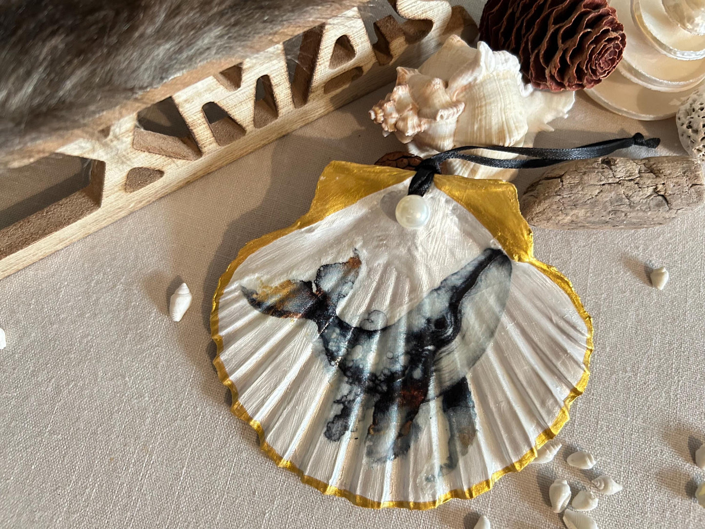 Coastal Christmas Tree Decorations. Octopus and Whale Scallop Shell Ornaments.