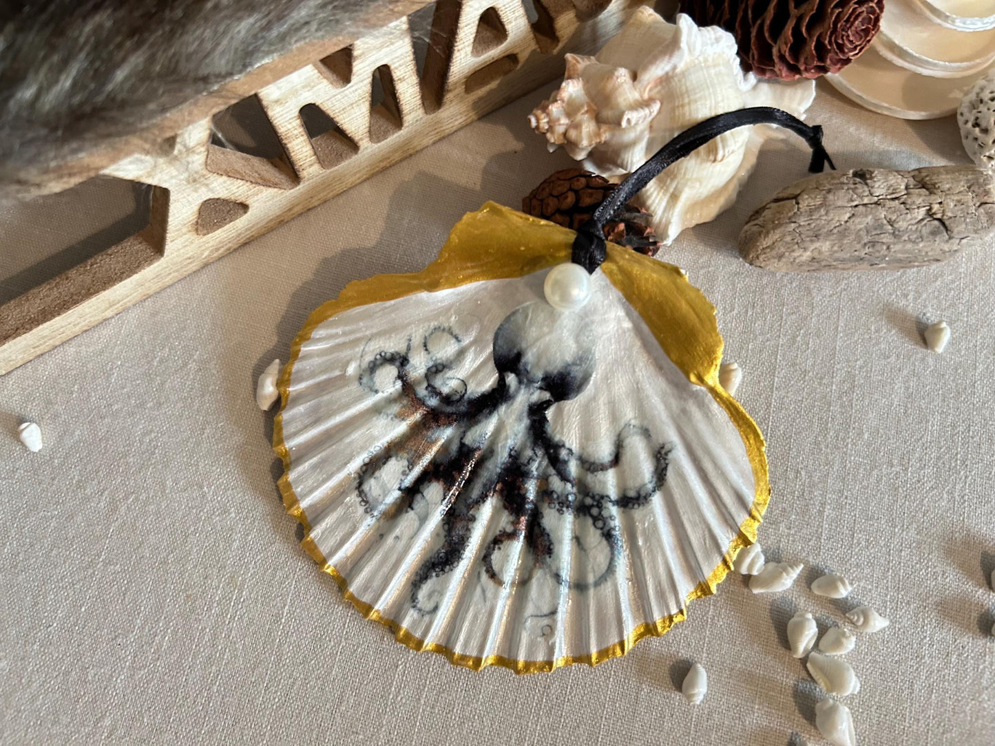 Coastal Christmas Tree Decorations. Octopus and Whale Scallop Shell Ornaments.