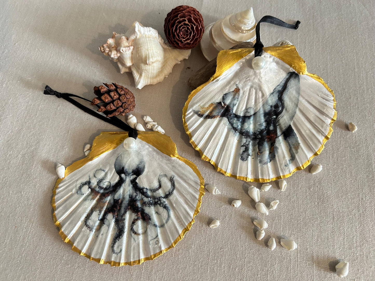 Coastal Christmas Tree Decorations. Octopus and Whale Scallop Shell Ornaments.