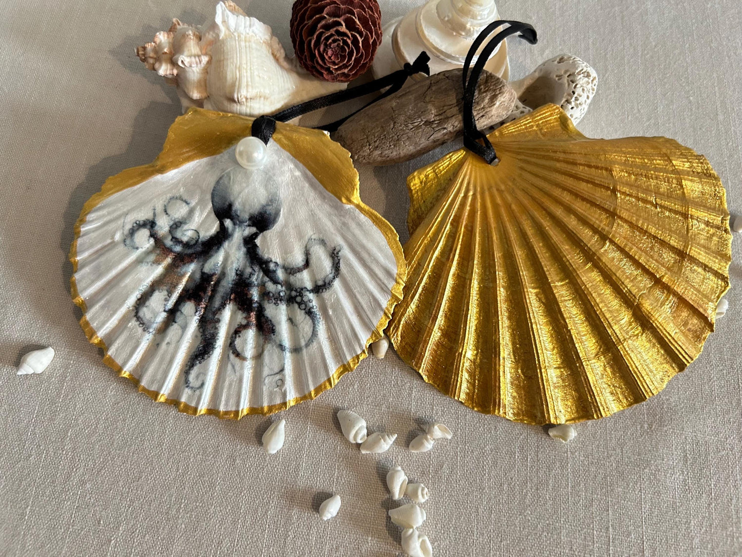 Coastal Christmas Tree Decorations. Octopus and Whale Scallop Shell Ornaments.
