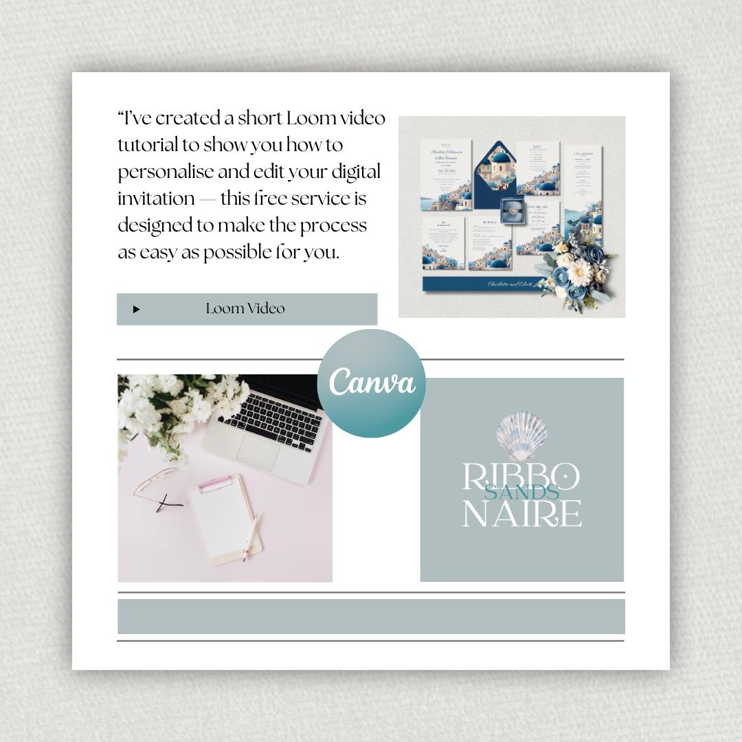 Santorini Digital Wedding Invitation. Elegant Greek Destination Bundle. Customisable Template, Instant Download.
