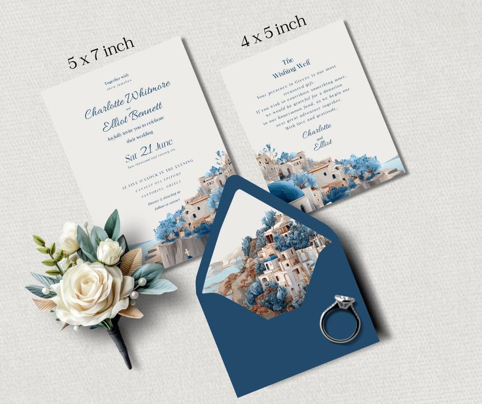 Santorini Digital Wedding Invitation. Elegant Greek Destination Bundle. Customisable Template, Instant Download.
