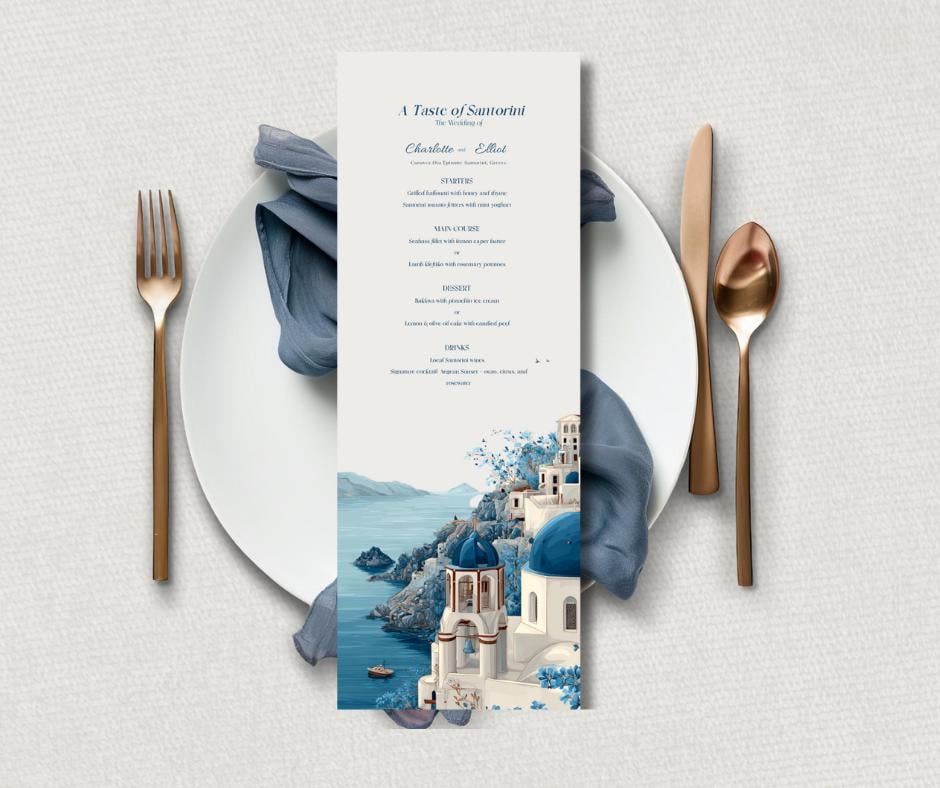 Santorini Digital Wedding Invitation. Elegant Greek Destination Bundle. Customisable Template, Instant Download.