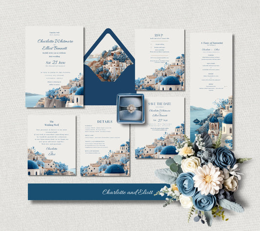 Santorini Digital Wedding Invitation. Elegant Greek Destination Bundle. Customisable Template, Instant Download.