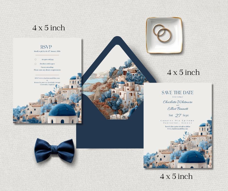 Santorini Digital Wedding Invitation. Elegant Greek Destination Bundle. Customisable Template, Instant Download.