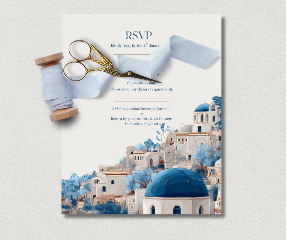 Santorini Digital Wedding Invitation. Elegant Greek Destination Bundle. Customisable Template, Instant Download.