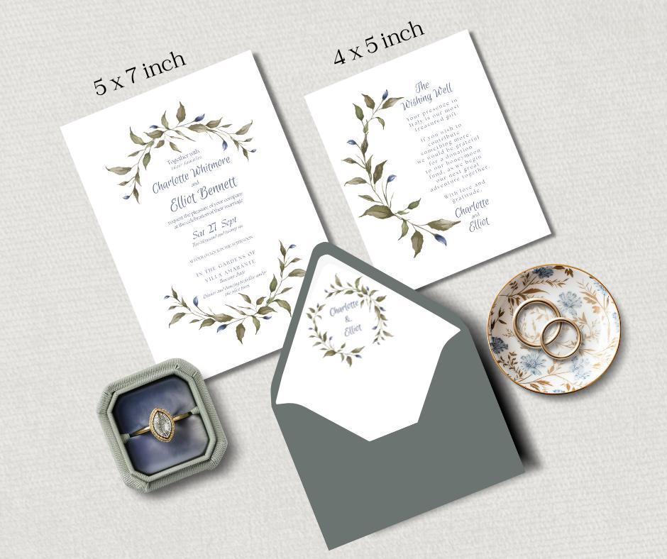 Olive and Dusty Blue Watercolour Wedding Invitation Suite. Editable Canva Template. Botanical Digital Download.