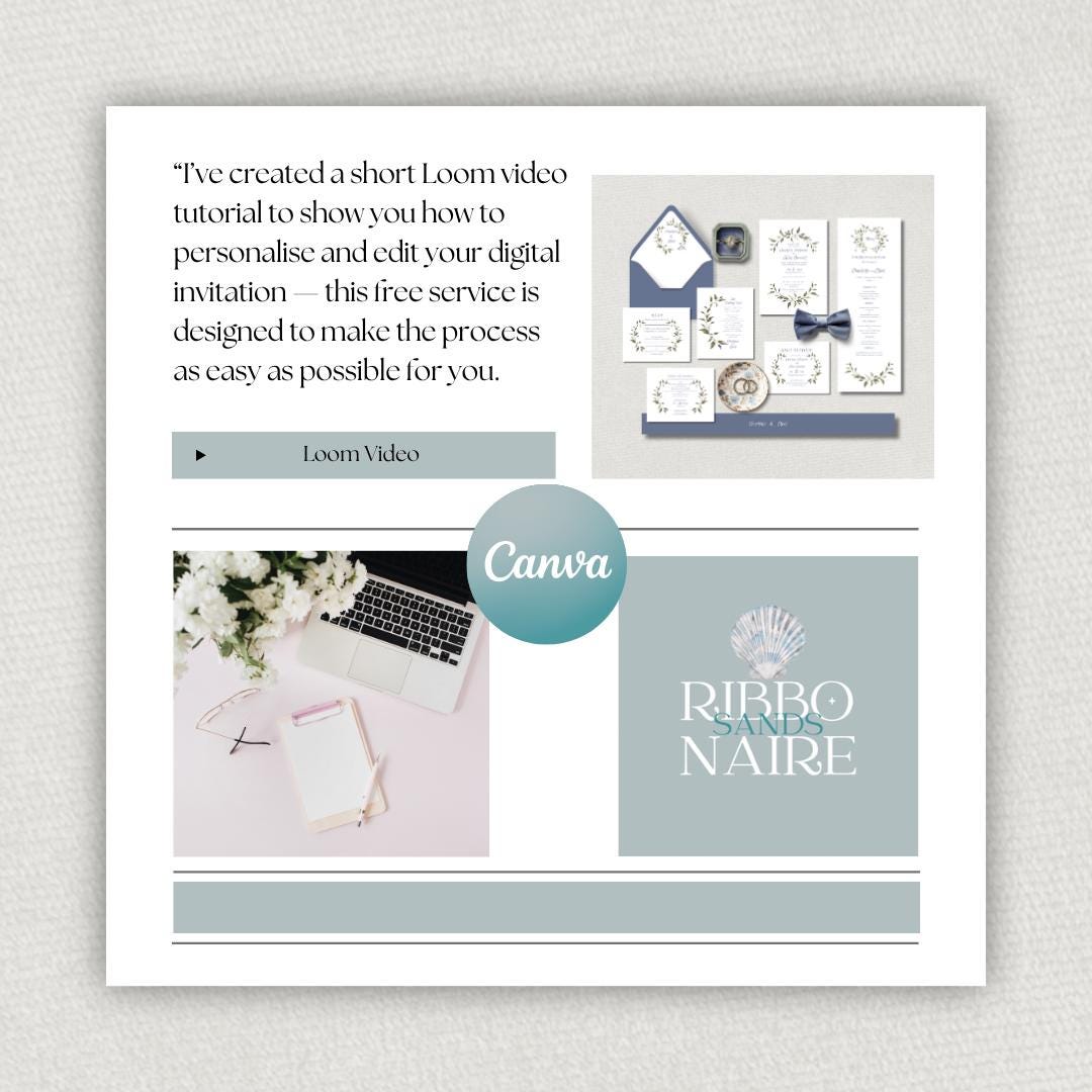 Olive and Dusty Blue Watercolour Wedding Invitation Suite. Editable Canva Template. Botanical Digital Download.