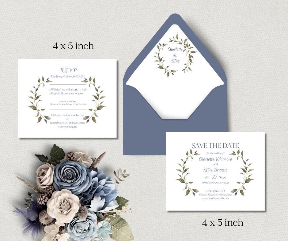Olive and Dusty Blue Watercolour Wedding Invitation Suite. Editable Canva Template. Botanical Digital Download.