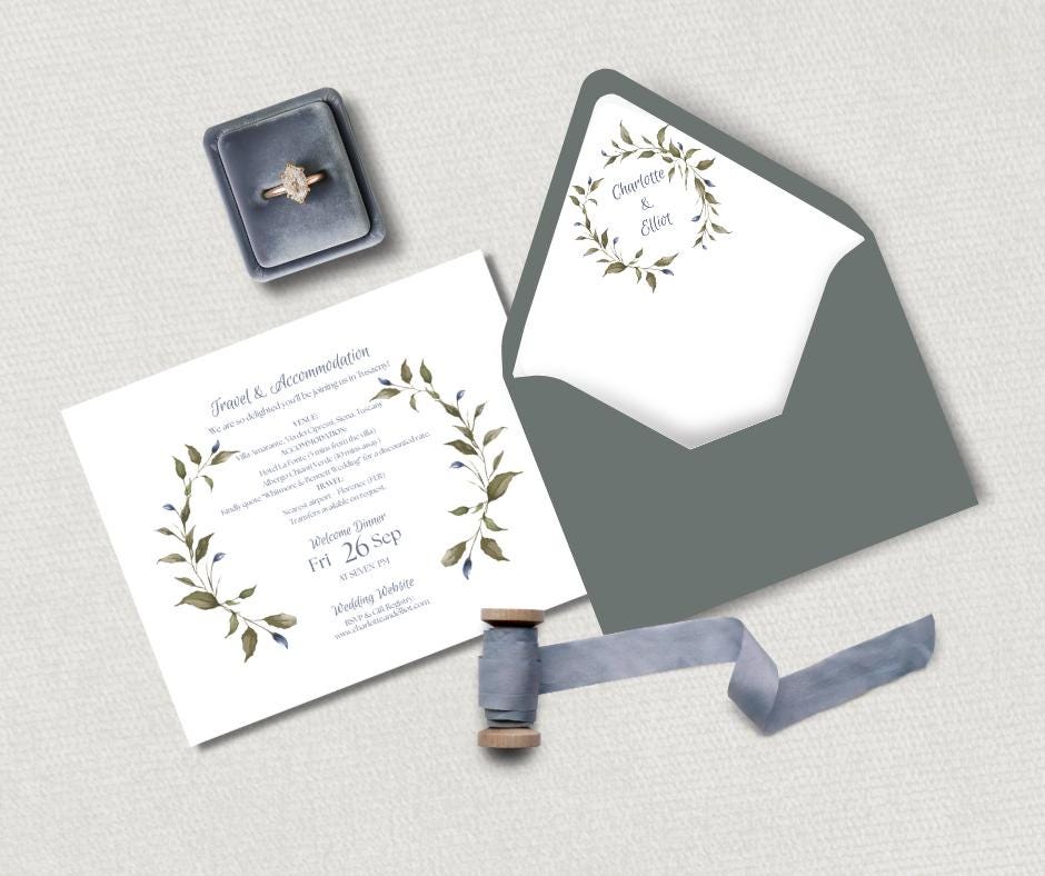 Olive and Dusty Blue Watercolour Wedding Invitation Suite. Editable Canva Template. Botanical Digital Download.