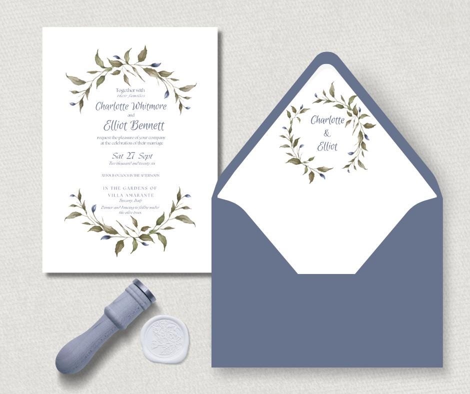 Olive and Dusty Blue Watercolour Wedding Invitation Suite. Editable Canva Template. Botanical Digital Download.