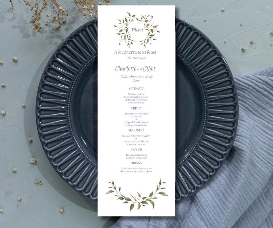 Olive and Dusty Blue Watercolour Wedding Invitation Suite. Editable Canva Template. Botanical Digital Download.
