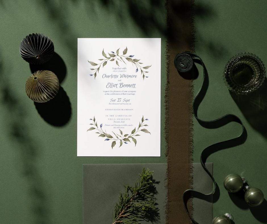 Olive and Dusty Blue Watercolour Wedding Invitation Suite. Editable Canva Template. Botanical Digital Download.
