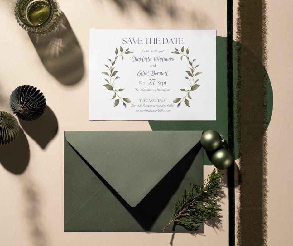 Olive and Dusty Blue Watercolour Wedding Invitation Suite. Editable Canva Template. Botanical Digital Download.