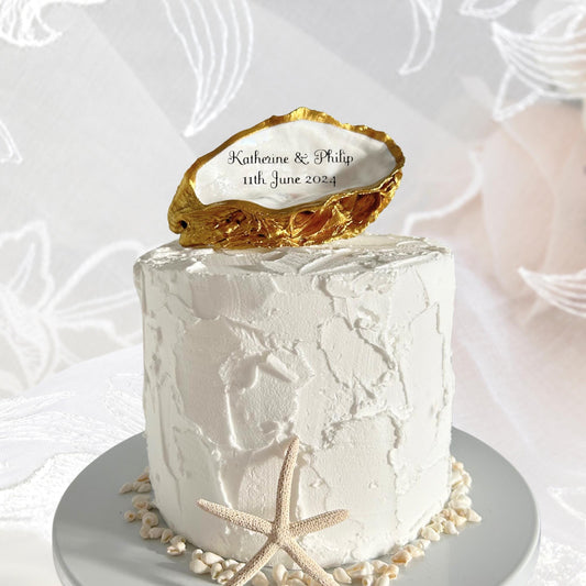 Personalised Gold Oyster Shell Cake Topper. Coastal Wedding Decoration.