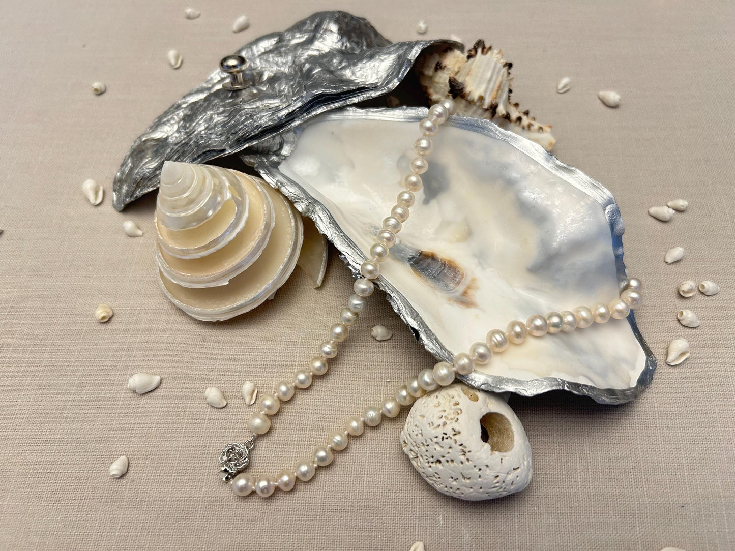 Silver whole oyster shell jewellery box. Chrome silver natural oyster shell jewellery holder. Ring bearer box. Silver Anniversary gift.