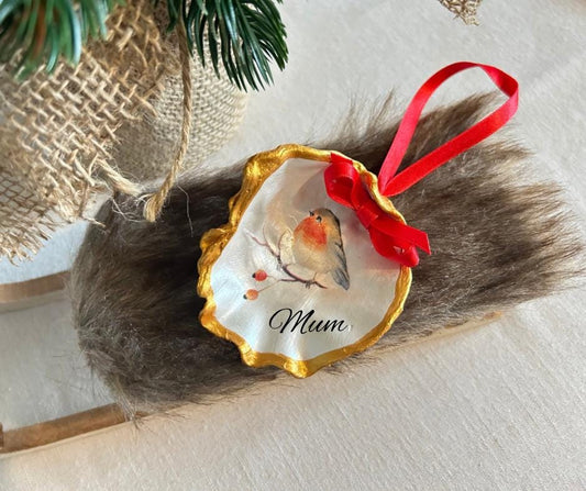Personalised Robin Memorial Oyster Shell Ornament, Remembrance Keepsake Gift.