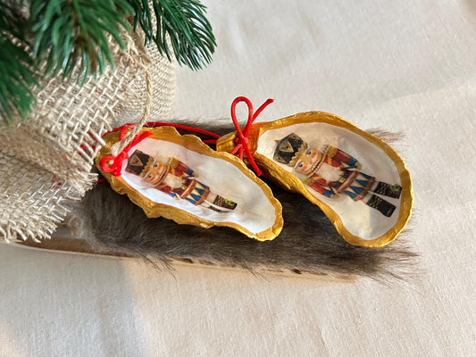 Nutcracker Oyster Shell Hanging Bauble. Festive Gold Christmas Soldier Tree Decoration.