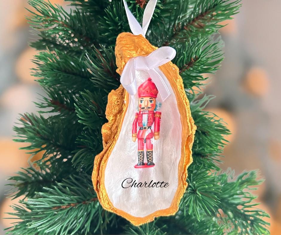 Personalised Nutcracker Oyster Shell Christmas Ornament, Pink Holiday Decor. Handcrafted Tree Decoration.