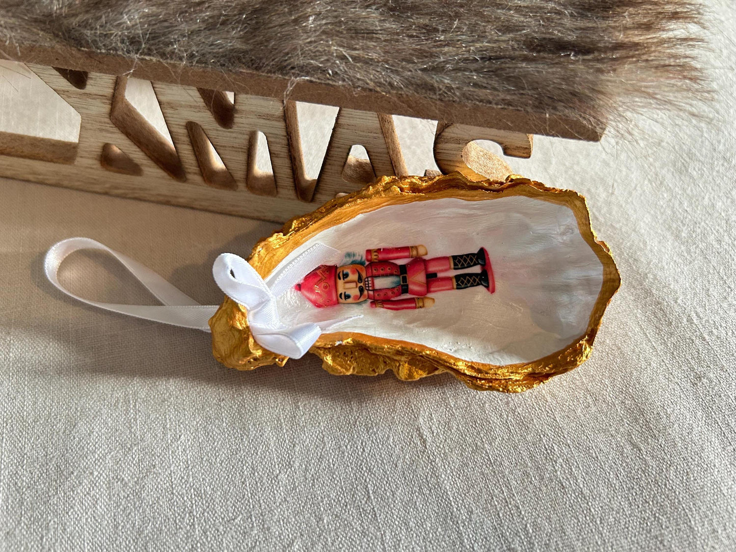 Personalised Nutcracker Oyster Shell Christmas Ornament, Pink Holiday Decor. Handcrafted Tree Decoration.