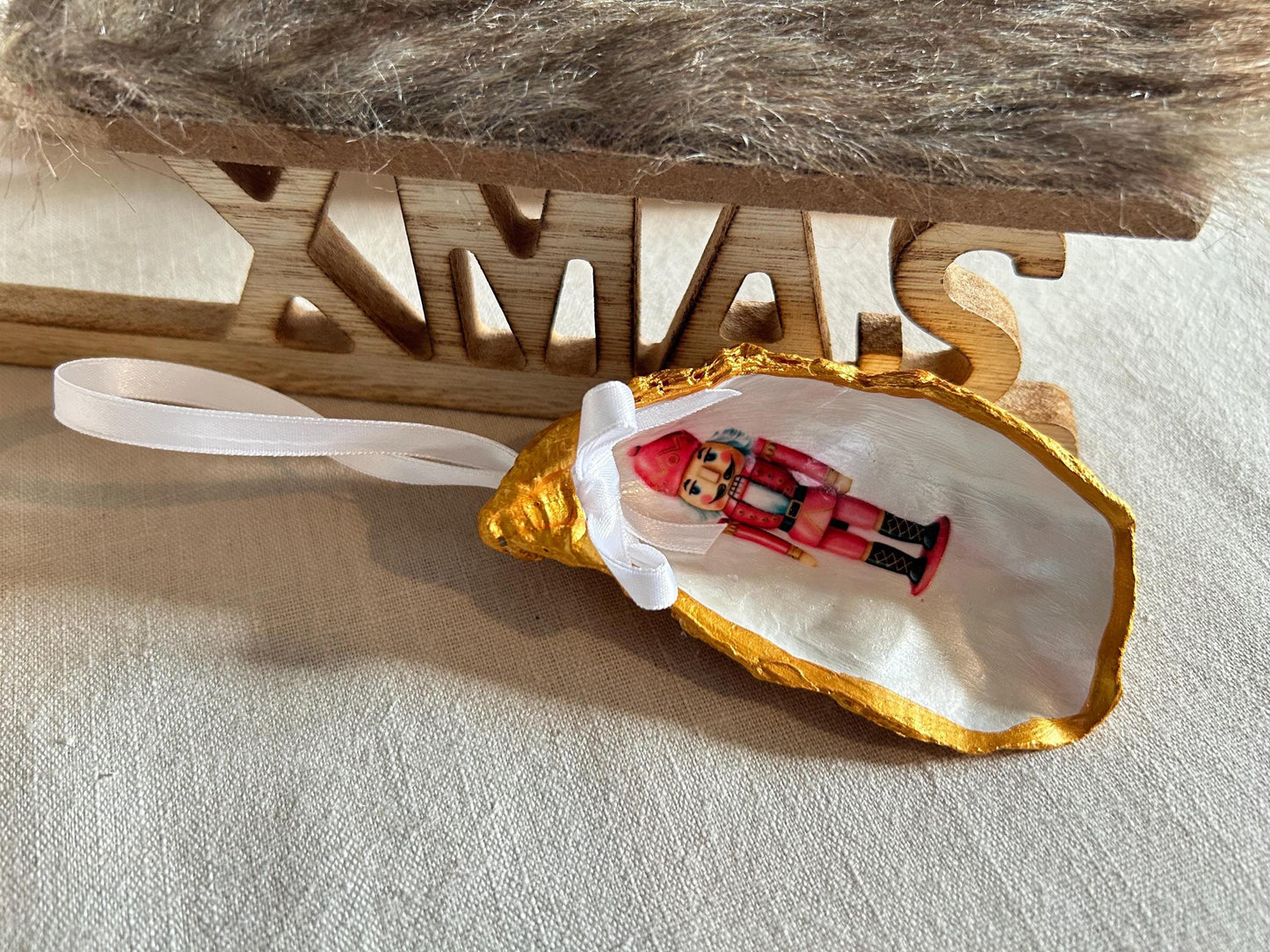Personalised Nutcracker Oyster Shell Christmas Ornament, Pink Holiday Decor. Handcrafted Tree Decoration.