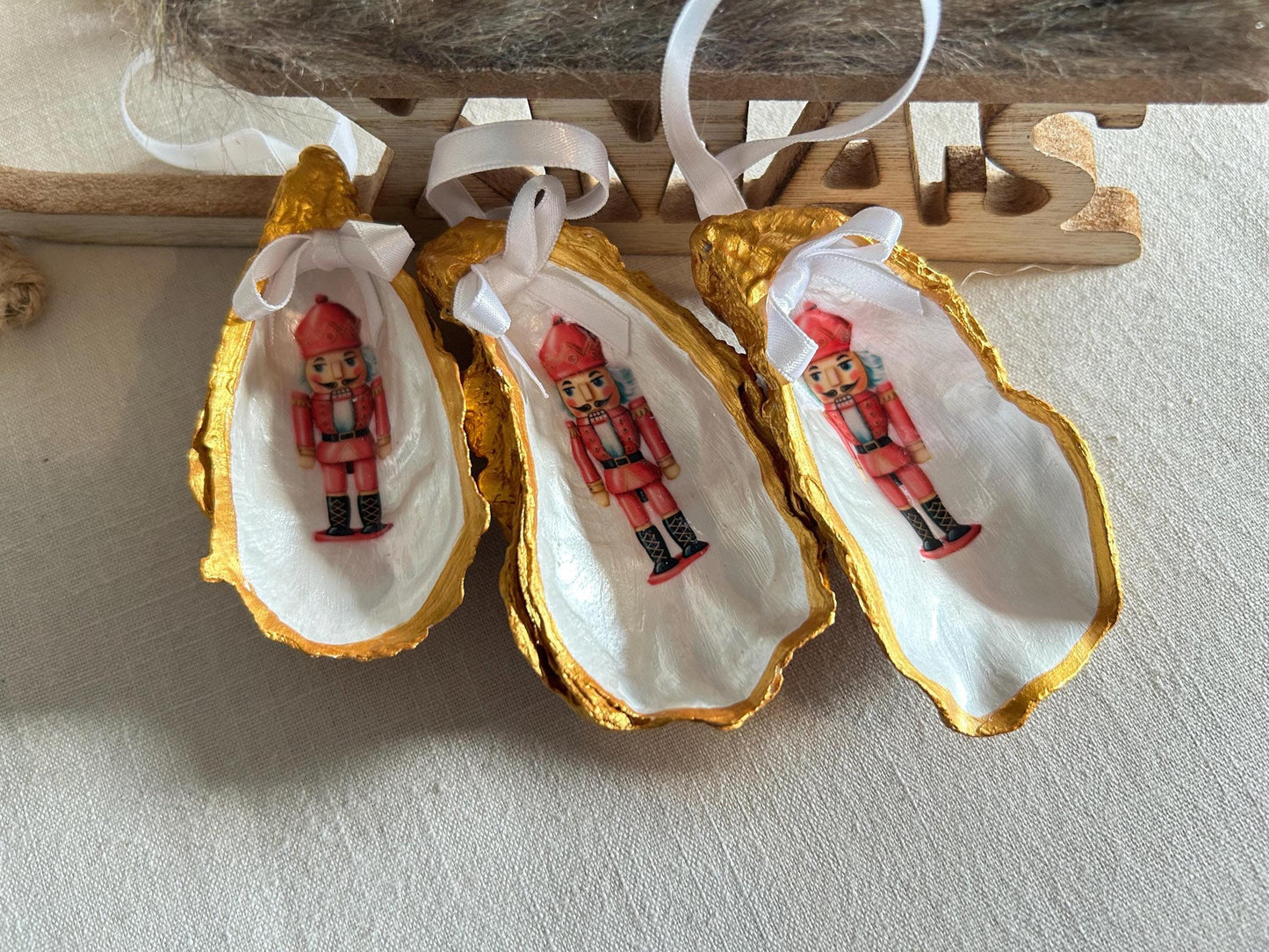 Personalised Nutcracker Oyster Shell Christmas Ornament, Pink Holiday Decor. Handcrafted Tree Decoration.