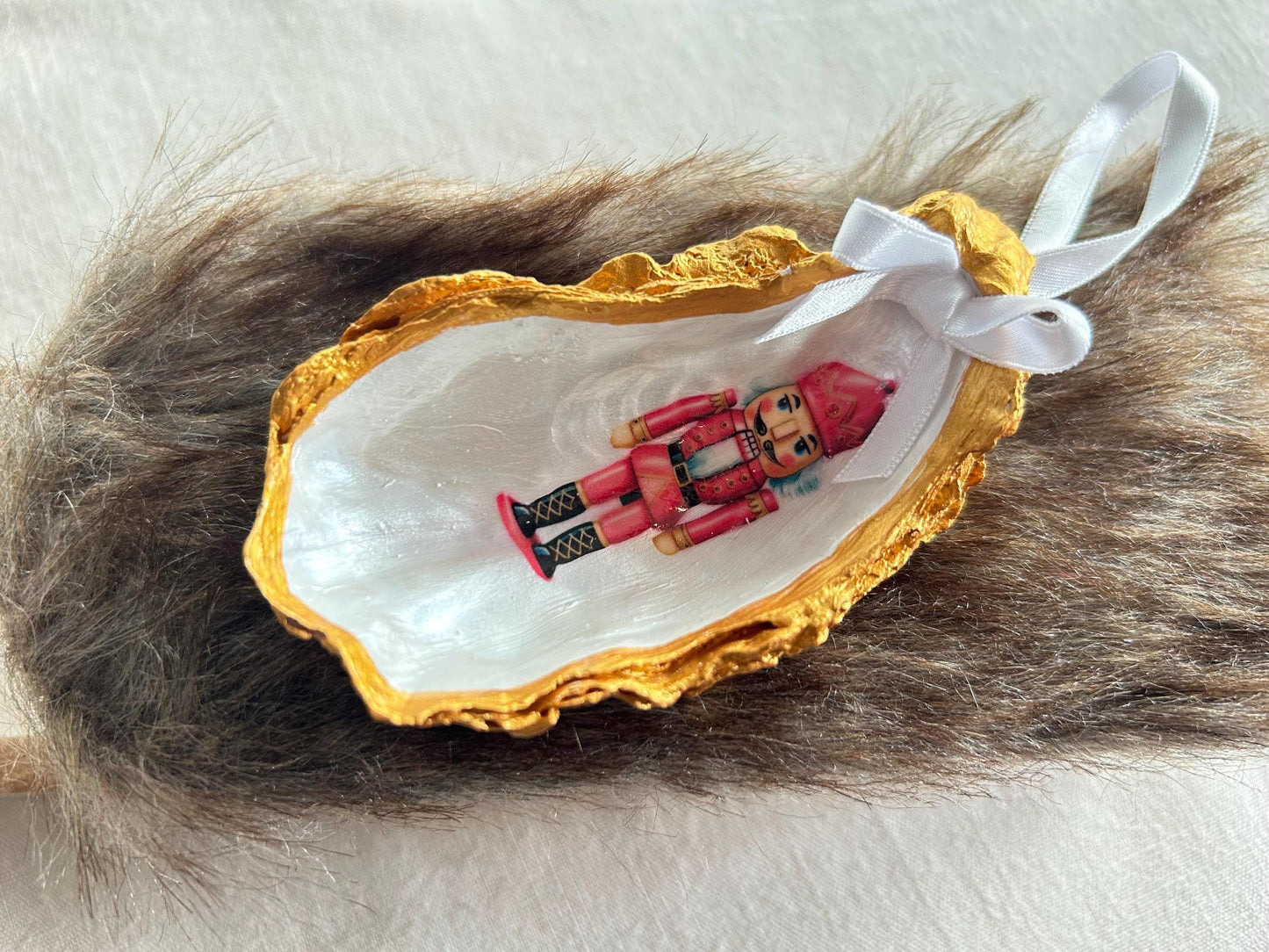 Personalised Nutcracker Oyster Shell Christmas Ornament, Pink Holiday Decor. Handcrafted Tree Decoration.