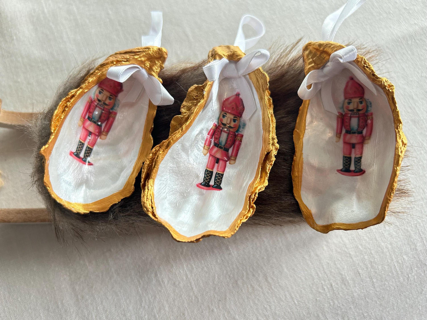 Personalised Nutcracker Oyster Shell Christmas Ornament, Pink Holiday Decor. Handcrafted Tree Decoration.