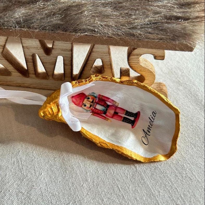 Personalised Nutcracker Oyster Shell Christmas Ornament, Pink Holiday Decor. Handcrafted Tree Decoration.