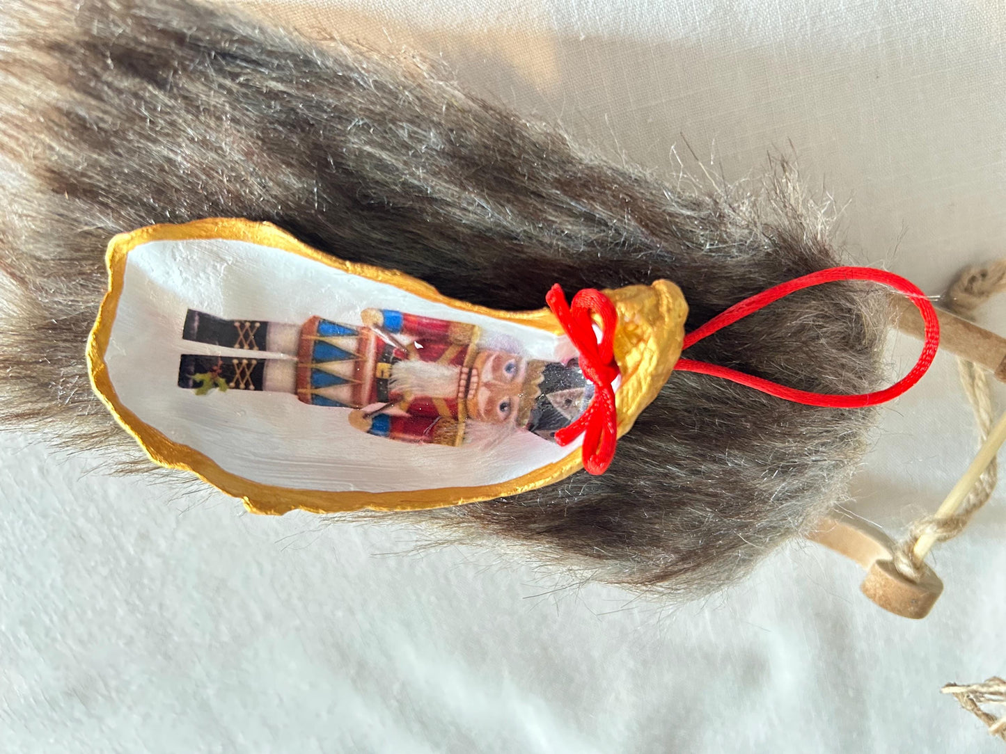 Personalised Nutcracker Oyster Shell Hanging Bauble. Festive Gold Christmas Soldier Tree Decoration.