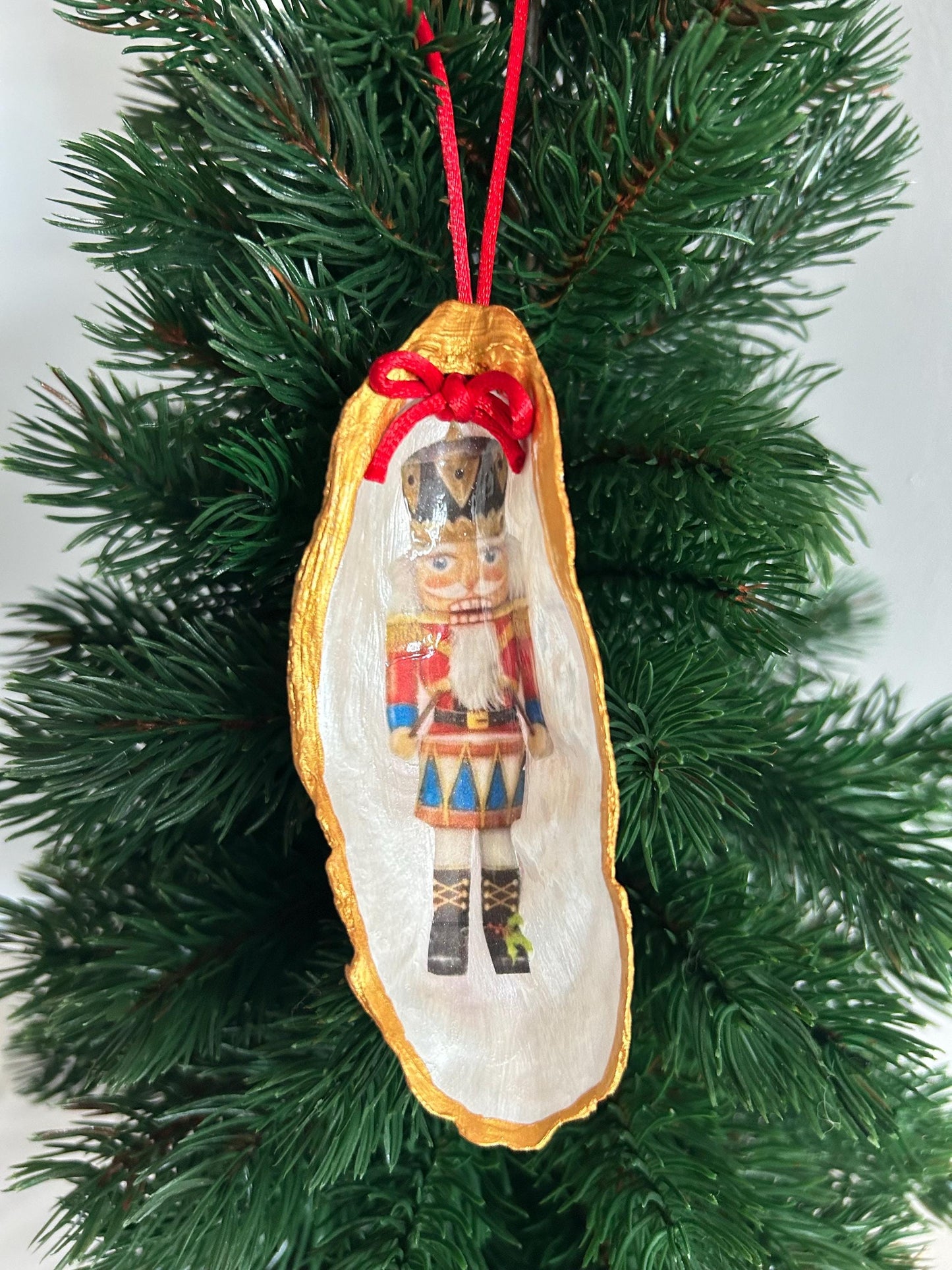 Personalised Nutcracker Oyster Shell Hanging Bauble. Festive Gold Christmas Soldier Tree Decoration.